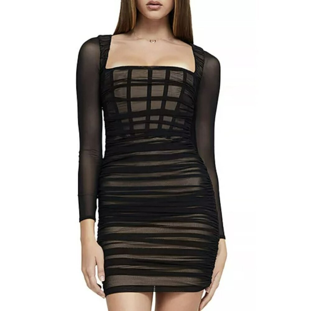 Nookie Vision Black Ruched Square Neck Mini Dress NEW Large
